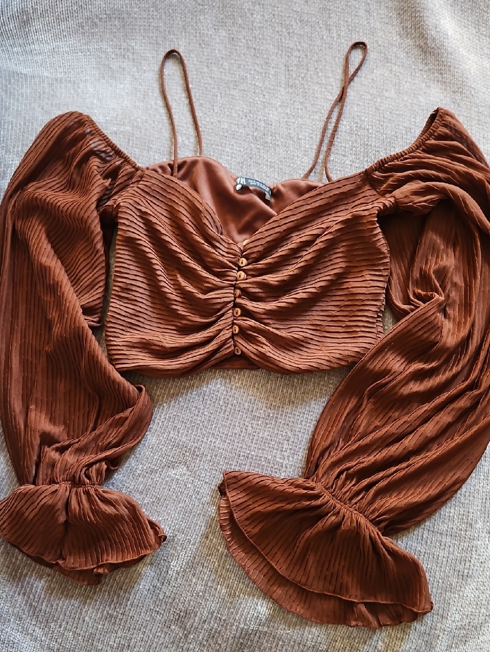 Zara Rust Brown Pleated Off-Shoulder Crop Top